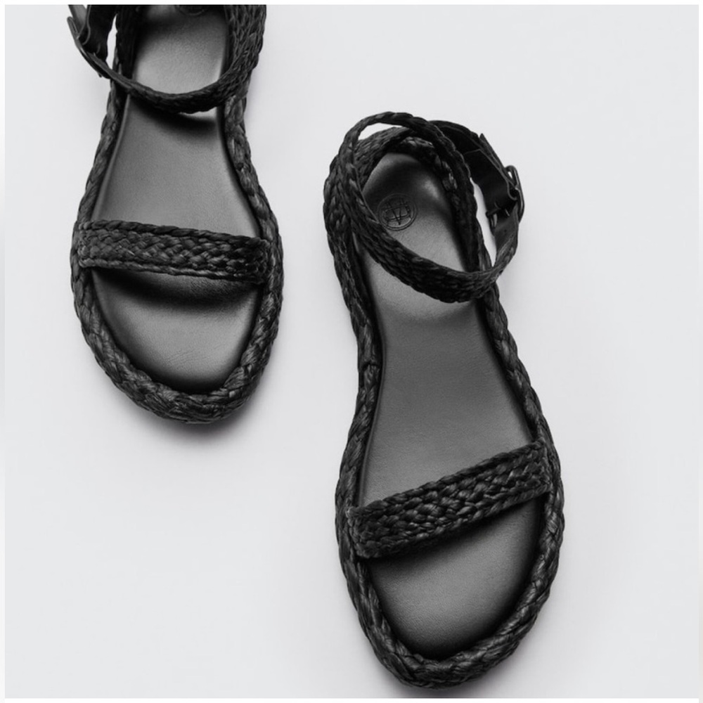Massimo Dutti Black Braided Leather Flat Sandals